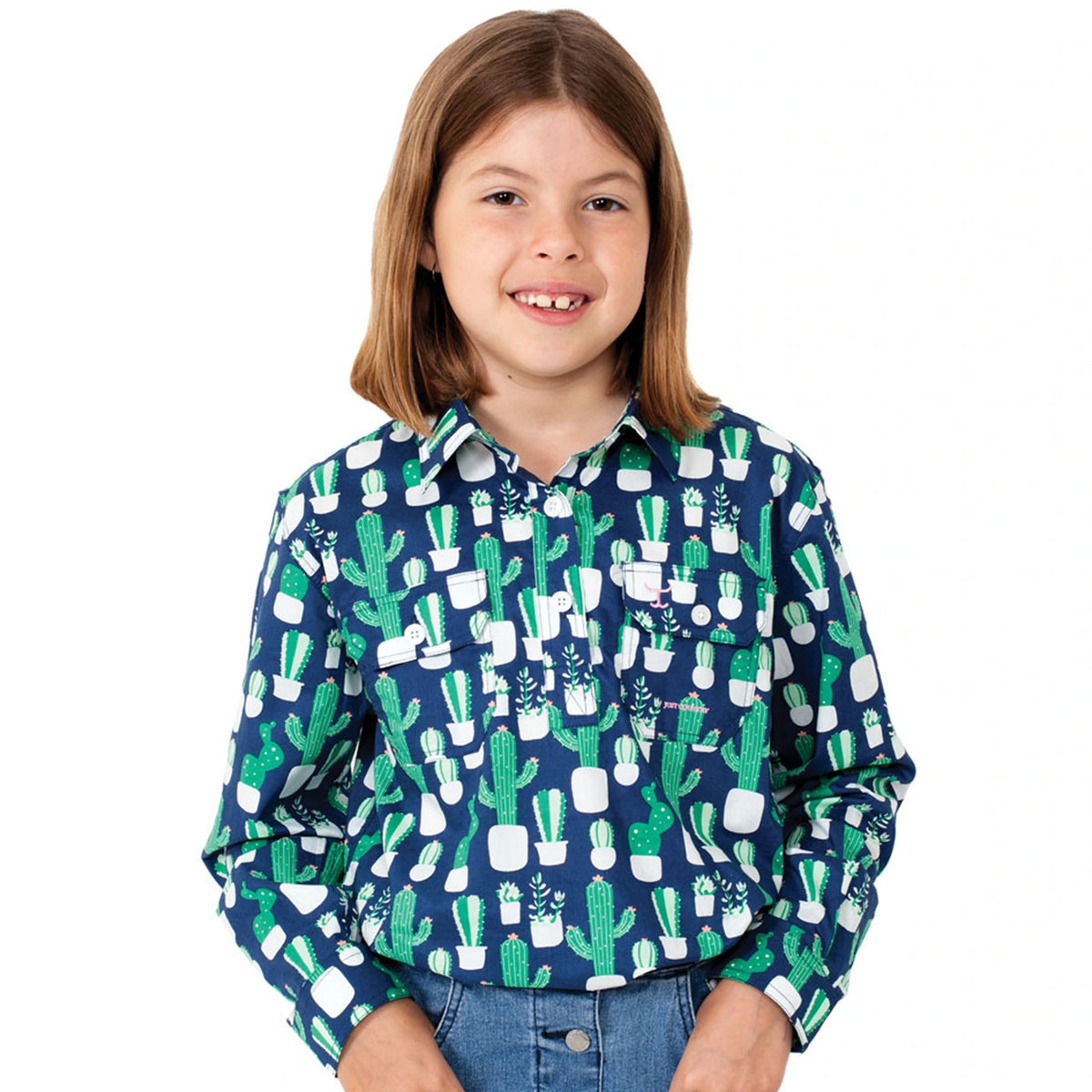 Just Country Girls Harper Half Button Print Shirt - Navy/Green Cactus