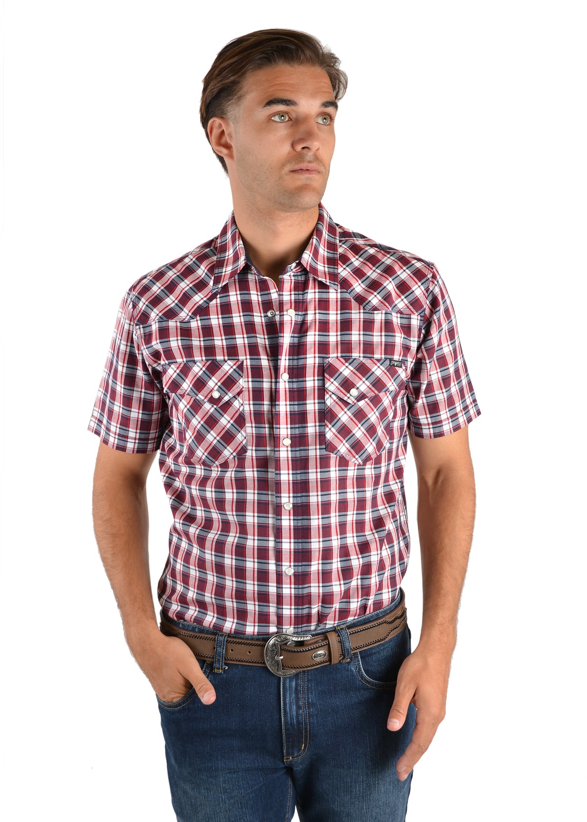 Pure Western Mens Edward Check Western S/S Shirt - Navy/Red