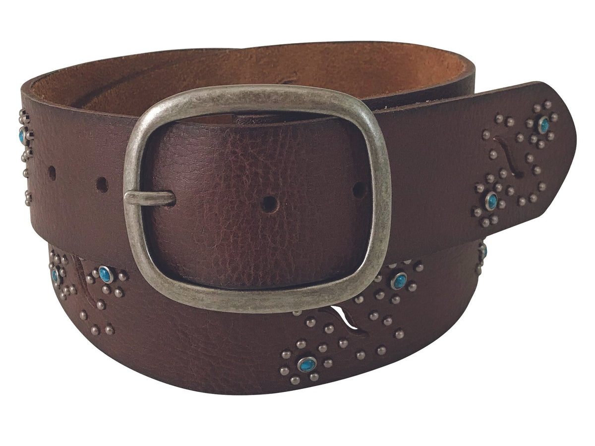 Roper Womens Belt 13/4 Genuine Leather - brown Cutout/Turquoise studs
