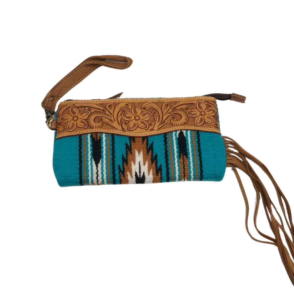Saddle Blanket Tassel Clutch w/Tooled Leather - Turquoise/Tan
