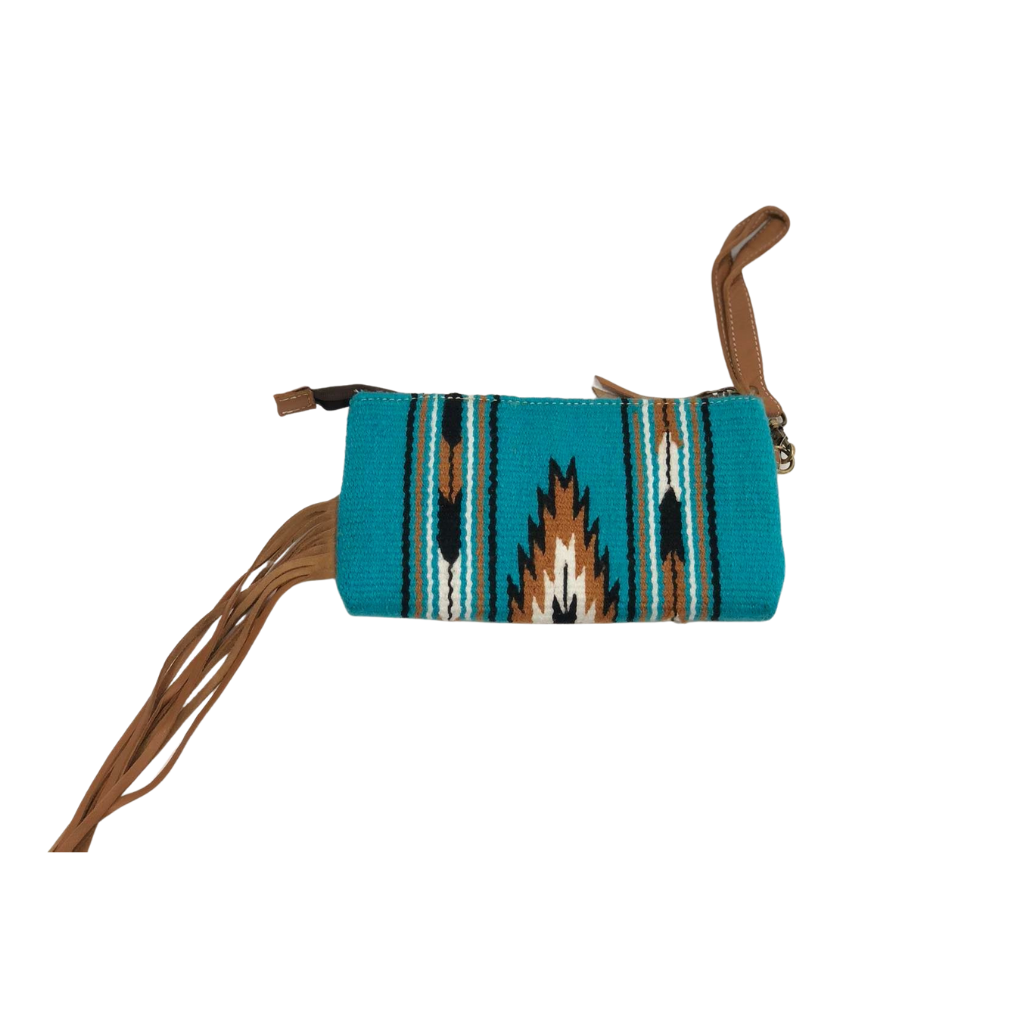 Saddle Blanket Tassel Clutch w/Tooled Leather - Turquoise/Tan